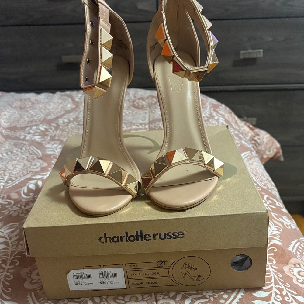 Charlotte Russe Beige Heels with Gold Studs